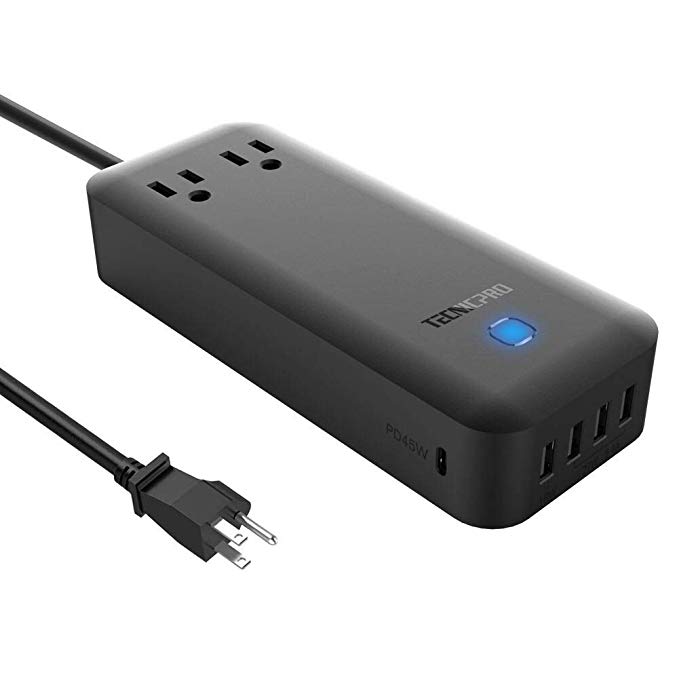 Tecnicpro USB C PD Charger Total 90W with 4 USB (1 QC 3.0 fast charging port) and 1PD 45W Ports Station with Double Outlets for Apple MacBook Pro/Air Nintendo Switch and iPhone X Samsung Galaxy S8