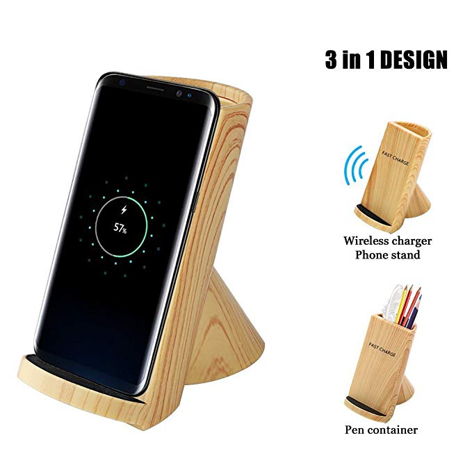 Fast Wireless Charger, 2-Coil Wireless Charger Stand Wood Grain for Samsung Galaxy S9/S9 Plus/S8/S8 Plus/S7/Note8, Qi Charger for iPhone X/iPhone 8/8 Plus and All Qi-Enabled Devices