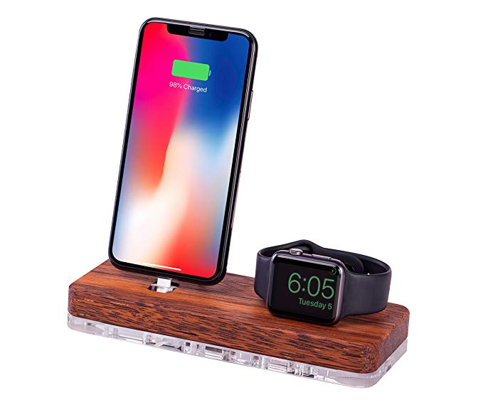 Watch Dock, Docking Station & Wooden Stand Compatible with Apple Watch Series 1/2/3 Charging Station for iPhone 5/6/7/8/X Pre-Installed Charging Cable