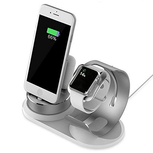 Multiple Charging Station Stand Compatible for Apple Watch and iPhone,Aluminum Cell Phone Dock 4 in 1,not Charger,Silver and White Holder