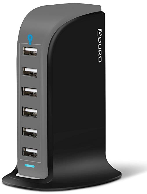 Aduro 40W 8A 6-Port USB Desktop Charging Station Hub Wall Charger for Tablets and Smartphones with Smart Flow Technology (Grey)