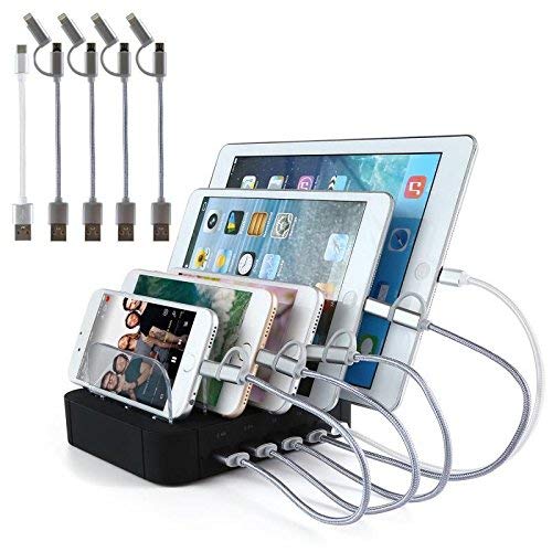 USB Charging Station Fast Charger - 5 Port Quick Charging Stand Multi-Device Charger for iPhone X, iPhone 8, iPhone 8 Plus, iPad, Galaxy S8, Tablets [Including 5 Pack Charging Cables] - OPAI(Black)