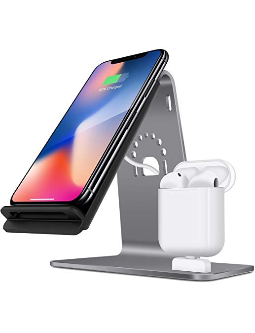 Bestand [2 in 1 Aluminum Airpods Charging Station, Qi Fast Wireless Charger Dock for iPhone X/8 Plus /8/Samsung S8 and Other Qi-Enabled Devices, Grey(Airpods Charging Case NOT Included)-Grey