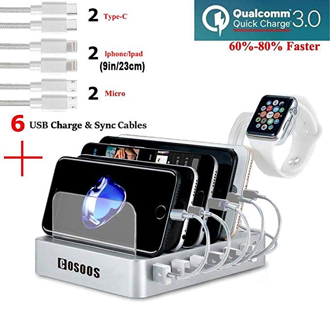 COSOOS Fastest Charging Station with QC 3.0 Quick Charge,6 USB Cables(3 Types),iWatch Holder,6-Port Charger Station Organizer,Charging Docking Stand for Multiple Devices,Phones,Tablets(Silver White)