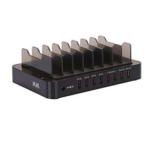 iKits 11.2A 56W 8-Port USB Charging Station Dock, Multi Device Desktop Charger with Stand 4 Port Fast Charging+4 Port 5V 1A,with Smart IC Technology Compatible with iPhoneX/8/6S, iPad Pro & More Black