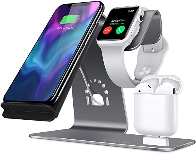 Bestand H05-Grey 3 in 1 Aluminum Stand for Apple iWatch, Charging Station for Airpods, Qi Fast Wireless Charger Dock for iPhone X/8/7/6s Plus Samsung S8 and Other Qi-Enabled Devices, Grey