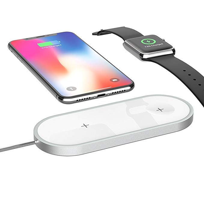 Wireless Charger, 2in1 Wireless Charging Station for Apple Watch 38|42mm Series 3|2|1 Nike+ Edition, Qi-Certified Wireless Charging Pad for iPhone 8 Plus X Samsung Galaxy Note 9 8 S8 S9 Plus (White)