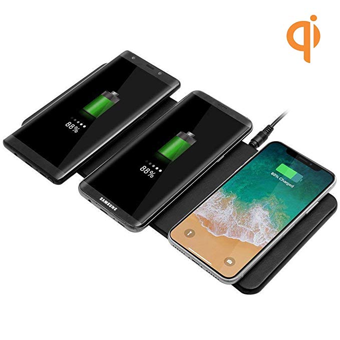 Wireless Charging Pad, ZealSound Charger Station for Multiple 3 Devices, Ultra Slim Leather Pad with AC Adapter For iPhone X/8/8 Plus Samsung Galaxy S9/S9+/S8/S8+/S7/Note 8 Edge Note Qi enabled Phones