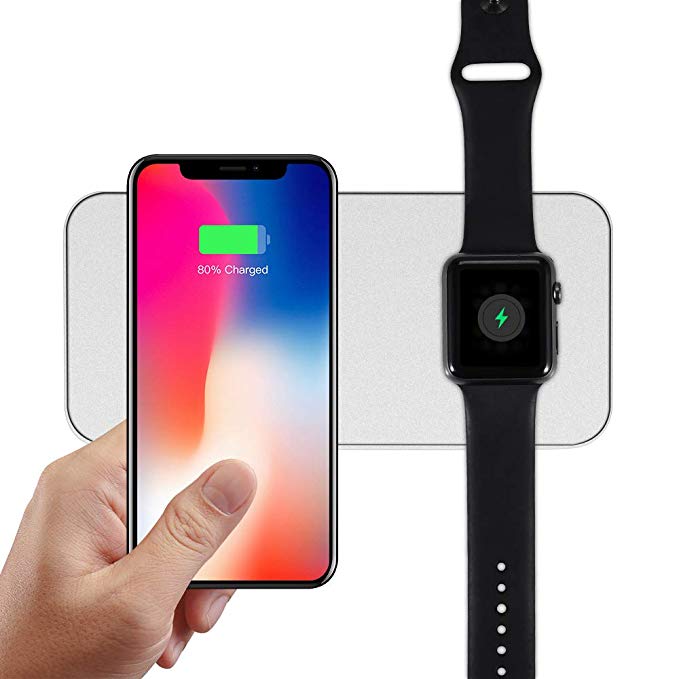 Wuloo Wireless Charger, iWatch Charger Qi 10W Fast Ultra-Thin 2 in 1 Wireless Charging Pad Compatible with Apple Watch, iPhone 8/8 Plus/X, Galaxy S9/ Note 8/ S8 and All Qi Enabled Phones – Silver