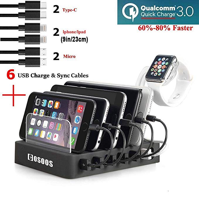 COSOOS Fastest Charging Station with QC 3.0 Quick Charge,6 USB Cables(3 Types),iWatch Holder,Universal 6-Port Charger Station Dock,Charging Docking Stand for Multiple Devices,Phones,Tablets