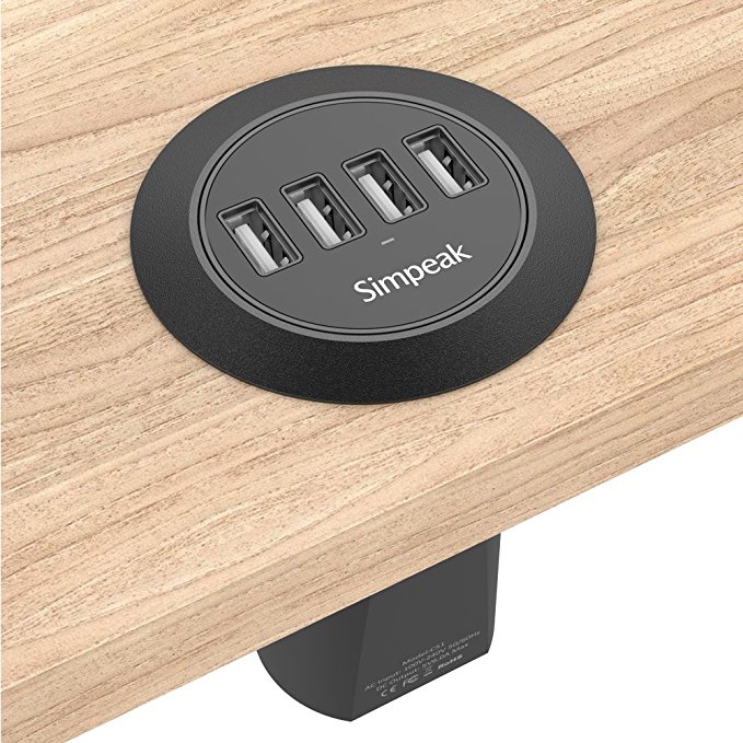 Simpeak 30W 4-Port USB Desk Charger Desktop Charger Charging Station Mounts on The 2.0'' / 2.4'' Grommet Hole with Power Cable (Match 2pcs Desk Grommet) - Black