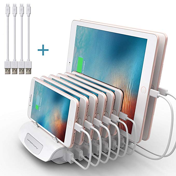 8 Ports USB Charging Station for Multiple Devices, iForway 72W Desktop Multiport Quick Charger Compatible with Apple iPhone iPad Samsung Cell Phone Tablets (White)