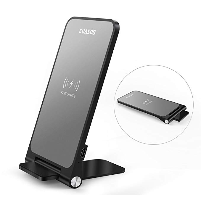 Wireless Charger, EUASOO Metal Qi Certified 10W Foldable Fast Wireless Charger Charging Pad Stand for Samsung Galaxy S9, S9 Plus, Note 8, Standard Qi Wireless Charger for iPhone X, 8, 8 Plus