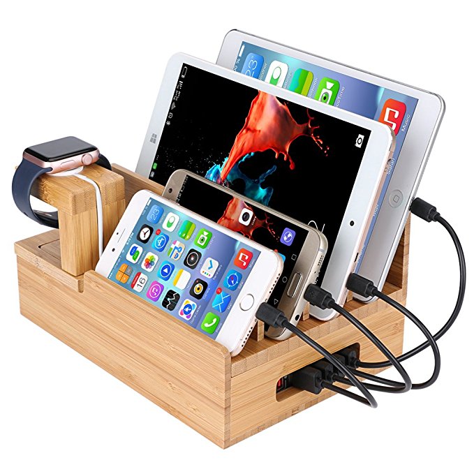 InkoTimes Bamboo Wooden Charging Dock Station - Best USB Charging Station for Multiple Devices - Perfect for Smart iPhone iPad Tablets Home Family Office or Gift Giving