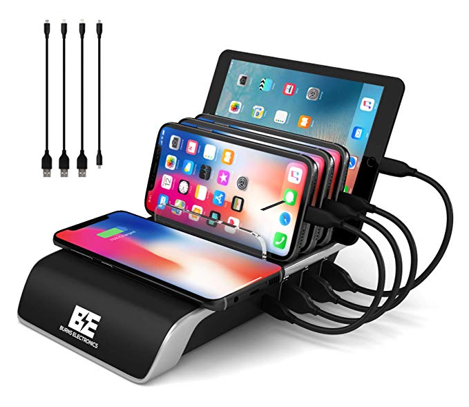 Charging Station for Multiple Devices, Burns Electronics Docking Station with Qi Wireless Charging Pad, Smart IC Technology for Smartphones, Tablets, Watches, USB Type-C, Multi Port Desktop Organizer