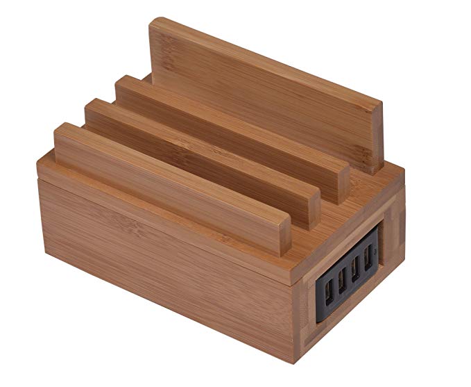 easyPower24 WoodenCharging Station Medium– Universal Fast-Charging Clutter-Free Dock For iPhone, Android Smartphone& Smart Watch, Tablet, Digital Camera& More, Includes RAVPower 40W 4-Port USB Charger