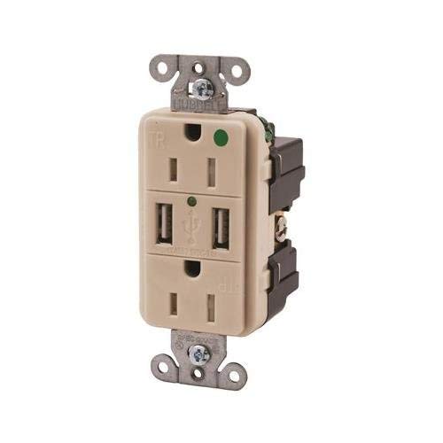 Hubbell Wiring USB8200LA Tamper Resistant Hospital Grade USB Charger, Duplex Receptacle, 15 Amp, Light Almond