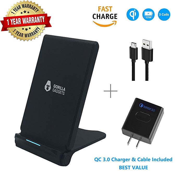 Fast Wireless Charger (with QC 3.0 Adapter), 3 Coils Qi 7.5W Fast Wireless Charging foldable Stand for iPhone X iPhone 8/8+, 10W Fast Qi Charging for Galaxy S9/S9+ Note 8/5 S8/S8+ S7/S7 Edge S6 Edge+