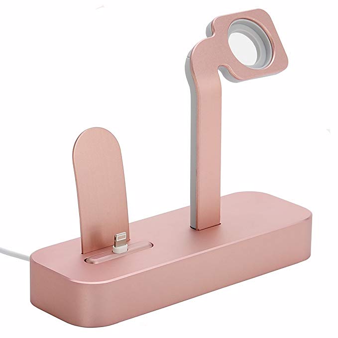 Fonrest 2 in 1 Aluminum Metal Displaying Holder Stand Desktop Docking Station for Apple Watch for iPhone 6S/6S Plus/6/Plus/5S/5C Charging Cradle (Rose Gold)