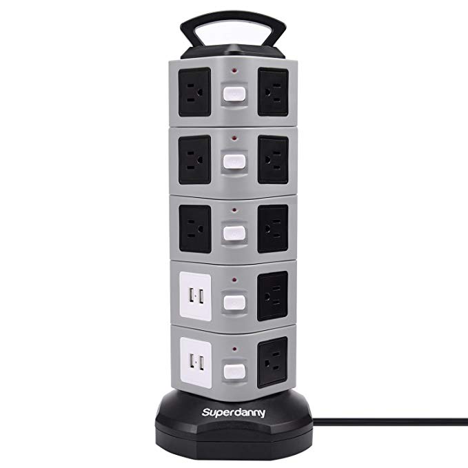 SUPERDANNY SDD005-5 Power Strip Tower Surge Protector 18 Outlet Plugs with 4.2A 4-USB Slot Electric Fast Charging Station 3000W 13A 16AWG 6.5ft Heavy Duty Cord Wire Extension for Home Office