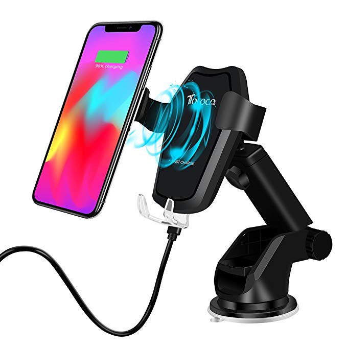 TOFOCO Qi Wireless Car Charger Mount, Automatic Gravity Fast Wireless Charging Cell Phone Holder, Compatible with Samsung Galaxy S9 Plus/S9, S8 Plus/S8, S7/S7 Edge, Note 8/5, iPhone X, 8 Plus/8(Black)