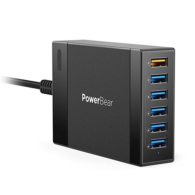 PowerBear 6-Port USB Wall Charger with 1 Qualcomm 3.0 Port [60W] USB Charging Station with Fast Charge & Smart Charge for iPhone, iPad, Samsung, LG, HTC & More – Black [24 Month Warranty]