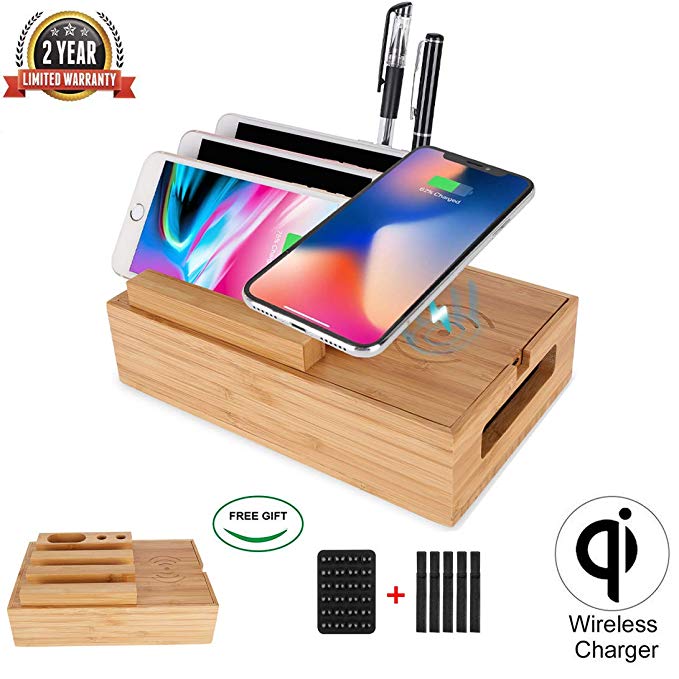 Wireless Charging Bamboo Station,Coeuspow Multiple Organizer Charger Station for Apple Airpods,iPhone X,iPhone 8/8 Plus and Samsung Galaxy S9, Compatible with Anker RAVpower 4/5/6-Port USB Chagrer