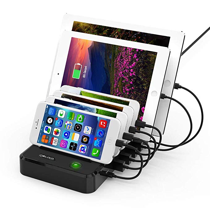 Qolixm USB Charging Station Charger Dock Stand & Organizer,Multiport with USB Type C for iPhone, iPad, Tablets,Smartphones and Other USB-Charging Devices(Black)