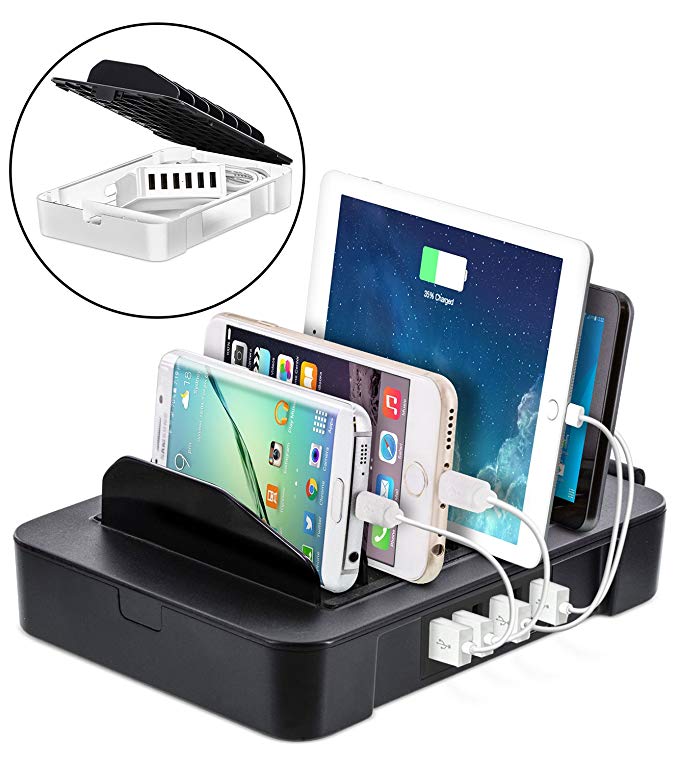 Okra USB Charging Station for Multiple Devices, 6 Port USB Wall Charger Charging Hub with Docking Station Organizer for Phone Tablet iPhone iPad (Black)