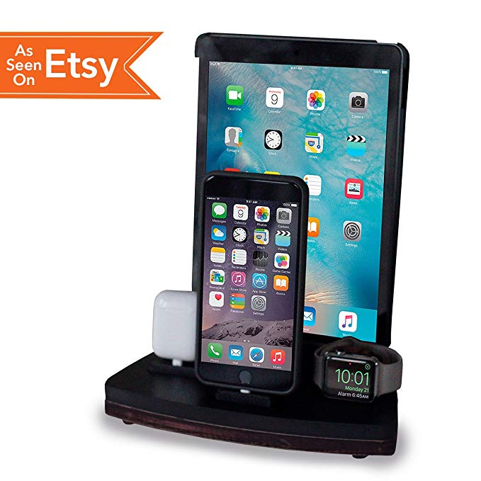 NytStnd QUAD - Charging Station for iPhone, iPad, Apple Watch, AirPods (Black Top/Oak Base)