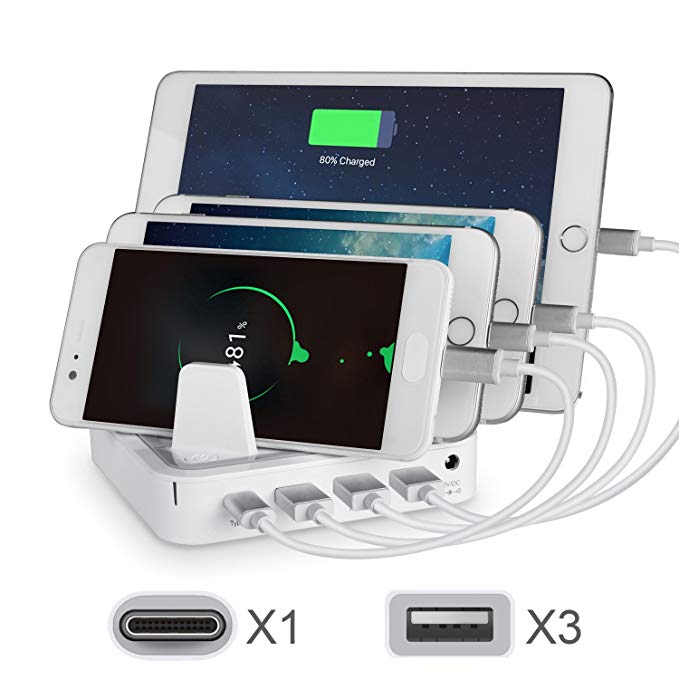 USB Charging Station Desktop Charger Annter 4 Port Docking Station with 1 Type C Charging Port for Smart phone Multiple Devices and Tablet