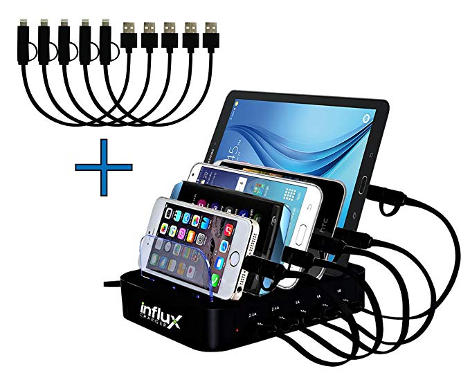 Influx Charger - 5-Port USB Multi Device Charging Station Dock, Fast Charging, 5 Organizing Slots For Smartphones, Tablets & Other USB Gadgets Docking.