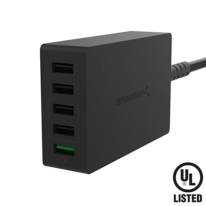 Sabrent Quick Charge 3.0 [UL Certified] 54W 5-Port Family-Sized Desktop USB Rapid Charger. Smart USB Charger with Auto Detect Technology [Black] (AX-QCS5)