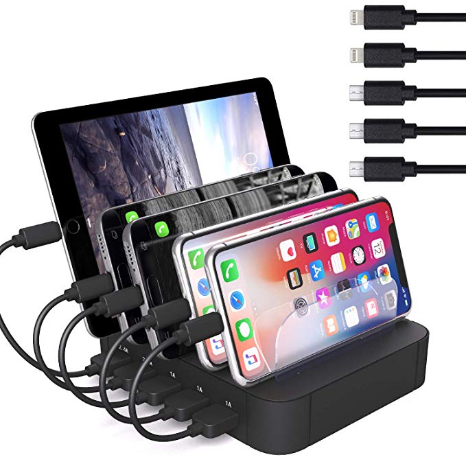 JZBRAIN Charging Station Multiple Devices 5-Port USB Charger Dock & Organizer Smartphones, Tablets & Other Gadgets Removable Baffles Short Charging Cables (Black)