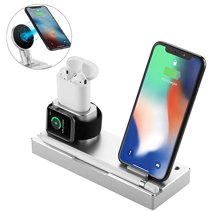 NEXGADGET Aluminum Charging Stand, 6 in 1 Charging Dock Compatible for Apple Watch/AirPods/iPad/Apple Pencil,Detachable Wireless Charger Replacement for iPhone X/8/8 Plus and All Qi-Enabled Device