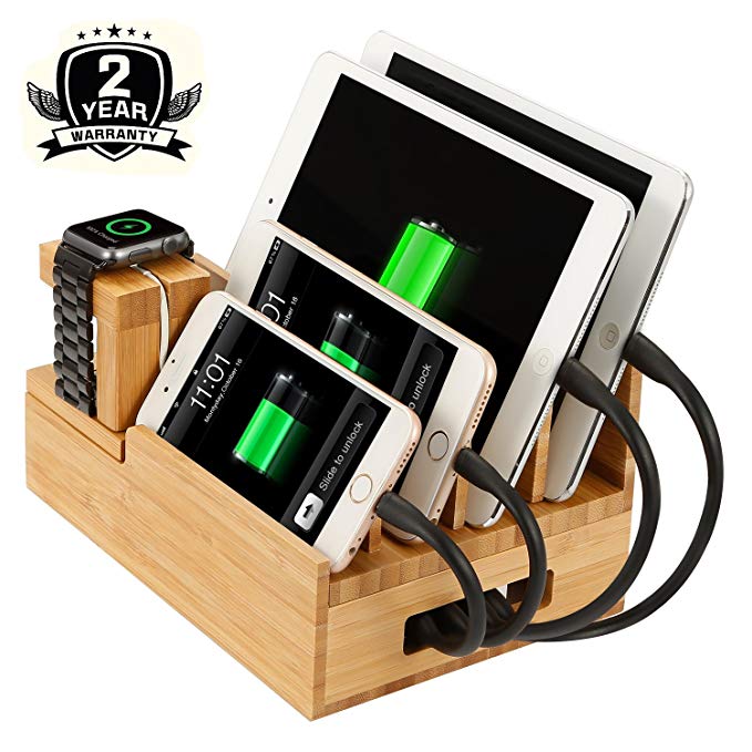 Bamboo Charging Station & Multi Device Organizer, Large Capacity Desktop Cord Organizer Dock for Smartphones iPhone iPad and Tablets-Durable and Eco-friendly (nature bamboo)