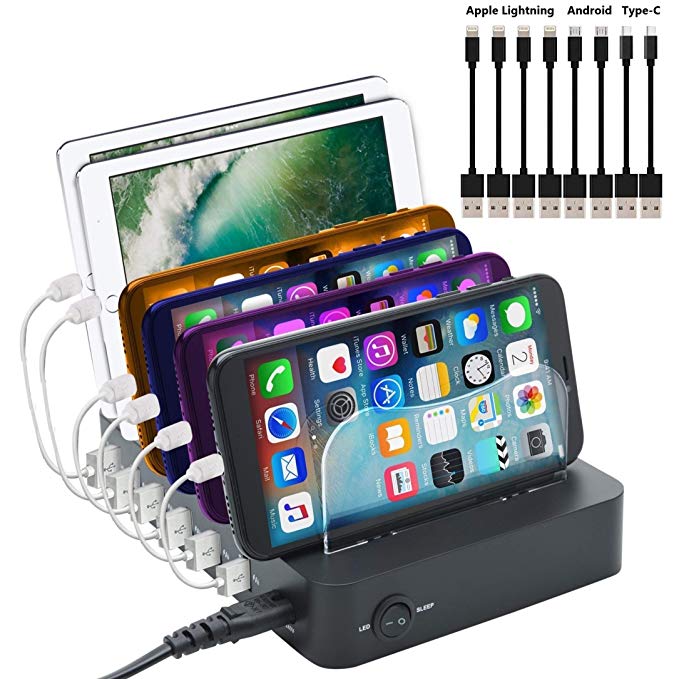 GiGAWOOD 6-Port USB Charging Station Dock Quick Charge 3.0 Technology | Removable LED Baffles Organizer Tablet Docking Station 60W 12A Fast-Charging Power Charger For iPhone iPad Samsung Galaxy, Black