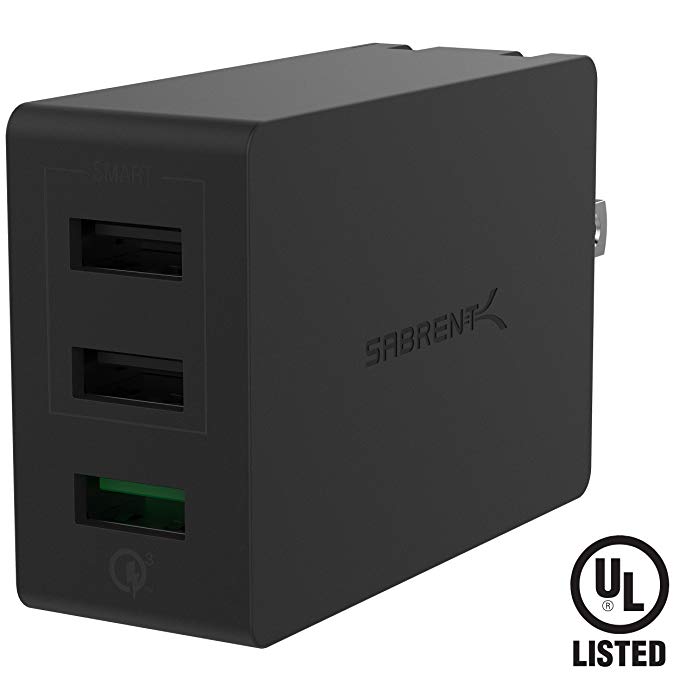 Sabrent Quick Charge 3.0 [UL Certified] 30W 3-Port Wall USB Rapid Charger. Smart USB Charger with Auto Detect Technology [Black] (AX-QCS3)