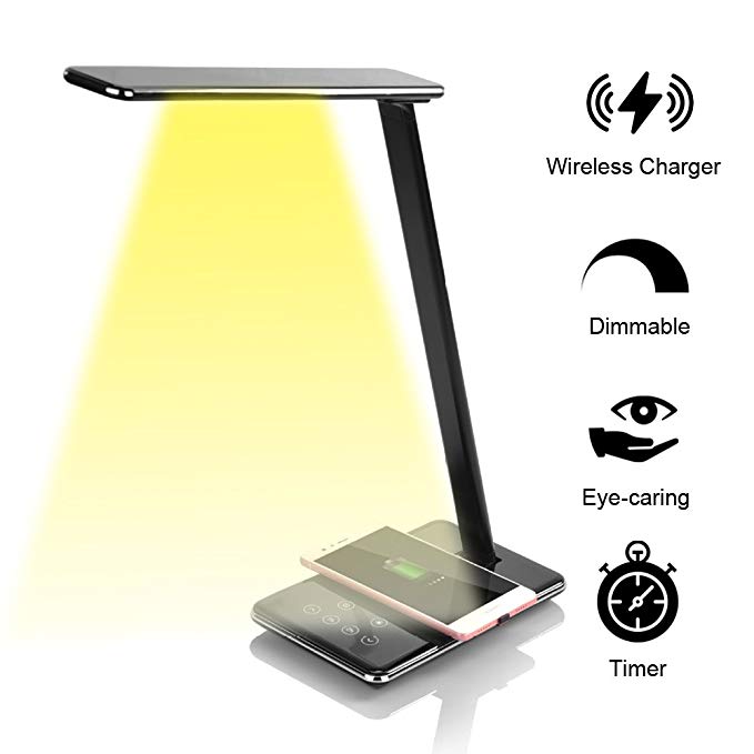 Leapara LED Desk Lamp with Qi Wireless Charger for iPhone X / 8/8 Plus/Samsung S8 / S8+ etc, 4 Color Modes & 5 Brightness Levels, USB Charging Port, Touch Control, Timer