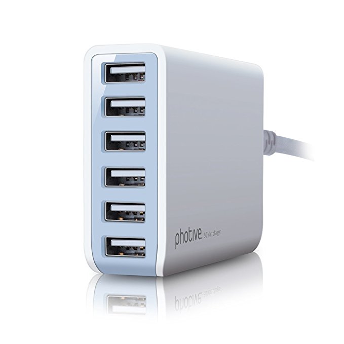 Photive 60 Watt 6 Port USB Rapid Desktop Charging Station. Smart USB Wall Charger with Auto Detect Technology.