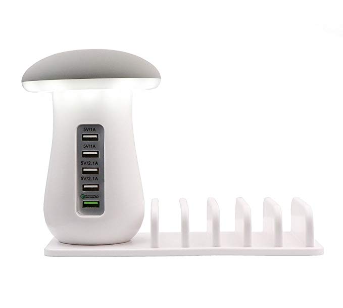 6 Port USB Charging Station with LED nightlight and Stand, one 2.0A Smart Charger for Mushroom Shape Desk lamp, one QC 3.0 Charger and Four Smart Charger for iPhone X/8, iPad,S8,and More