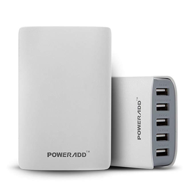 Poweradd USB Charger 5-Port 25W/5A Desktop Adapter Travel Wall Charger for iPhone 7S 7 Plus 6S 6 Plus 5S 5C, iPad Air/Mini, Samsung Tab S/A, Galaxy S7 Edge/Note 7 and More