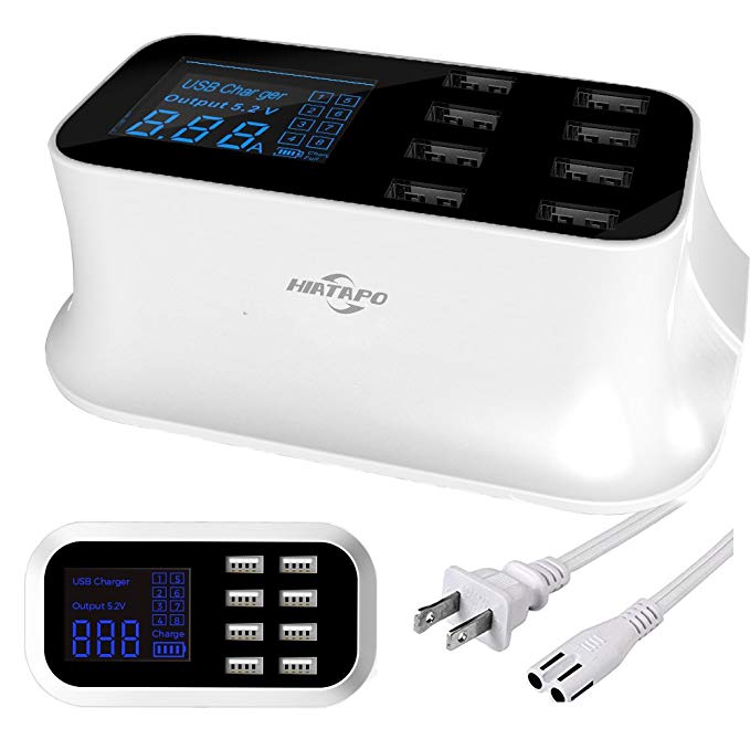 HIATAPO [LCD Display] 8-Port USB Fast Charger Power Adapter, Desktop Charging Station, Quick Charge with Smart IC Auto Detect Tech Compatible iPhone X /8/7, iPad and Android, Other Mobile Phone