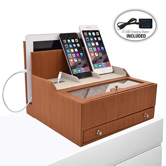 iCozy Charging Valet: Office / Desk Organizer & Electronics Caddy Faux Leather Station Beige