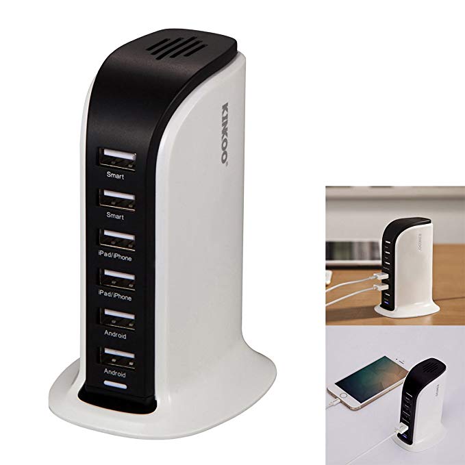 Kinkoo 40W 6-Port Family-Sized Desktop USB Charger for iPhone, iPad Air 2, Samsung Galaxy, Nexus, HTC, Nokia and More (White)