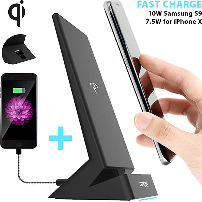 Wireless Charging Stand - Qi Certified Charger Stand for iPhone X, iPhone 8, 8 Plus, Samsung Galaxy S9, S9+, S8, S8+, S7, S6, Note 8, and More, Extra USB Port, 10W, 7.5W, No AC Adapter, Fast Charge