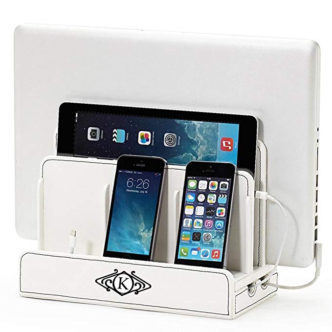 Monogrammed White Leatherette Multi-Device Charging Station and Dock for Laptops, Tablets, and Phones, Art Deco, 