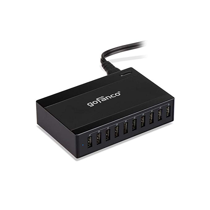 gofanco Travel USB Charger 10 Port 60W Portable Smart USB Wall Charger/Charging Station (Black) for Phones, Tablets and Wearable Devices - iPhone, iPad, Samsung Galaxy, LG, Nexus, HTC and Others