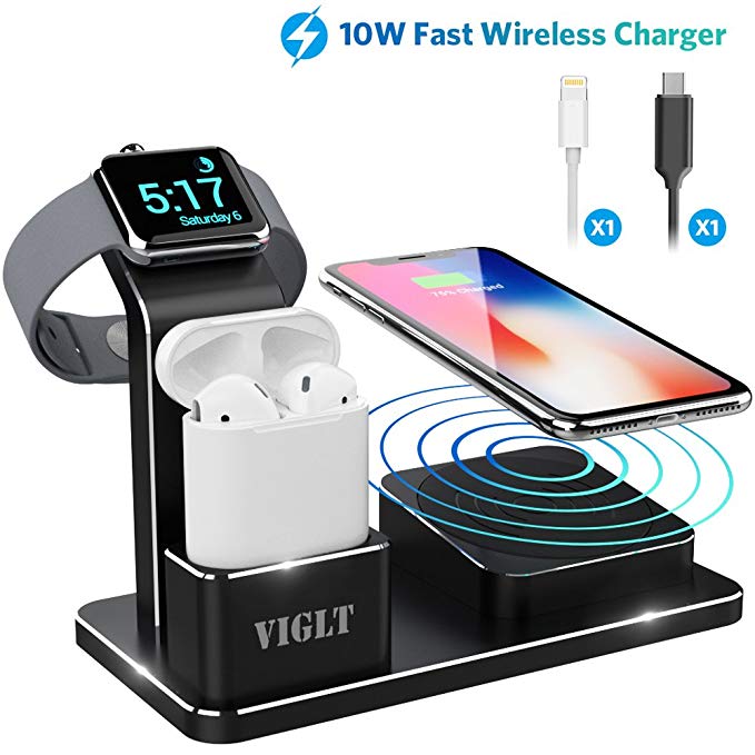 Apple Watch Stand iPhone X Wireless Charger VIGLT Aluminum 3in1 Apple Watch Charging Stand 10W Fast Wireless iPhone charging Station Airpods Dock for iPhone X/8/8 Plus AirPods Apple Watch Series 3/2/1