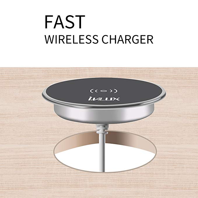 10W Qi Desk Wireless Charger, i.VALUX Fast Wireless Charger Compatible iPhone X/8/8 Plus,Office Tables Desk Grommet Hole Fast Charging Samsung Galaxy S9/S9+/S8/S8+ and All Qi-Enabled Device